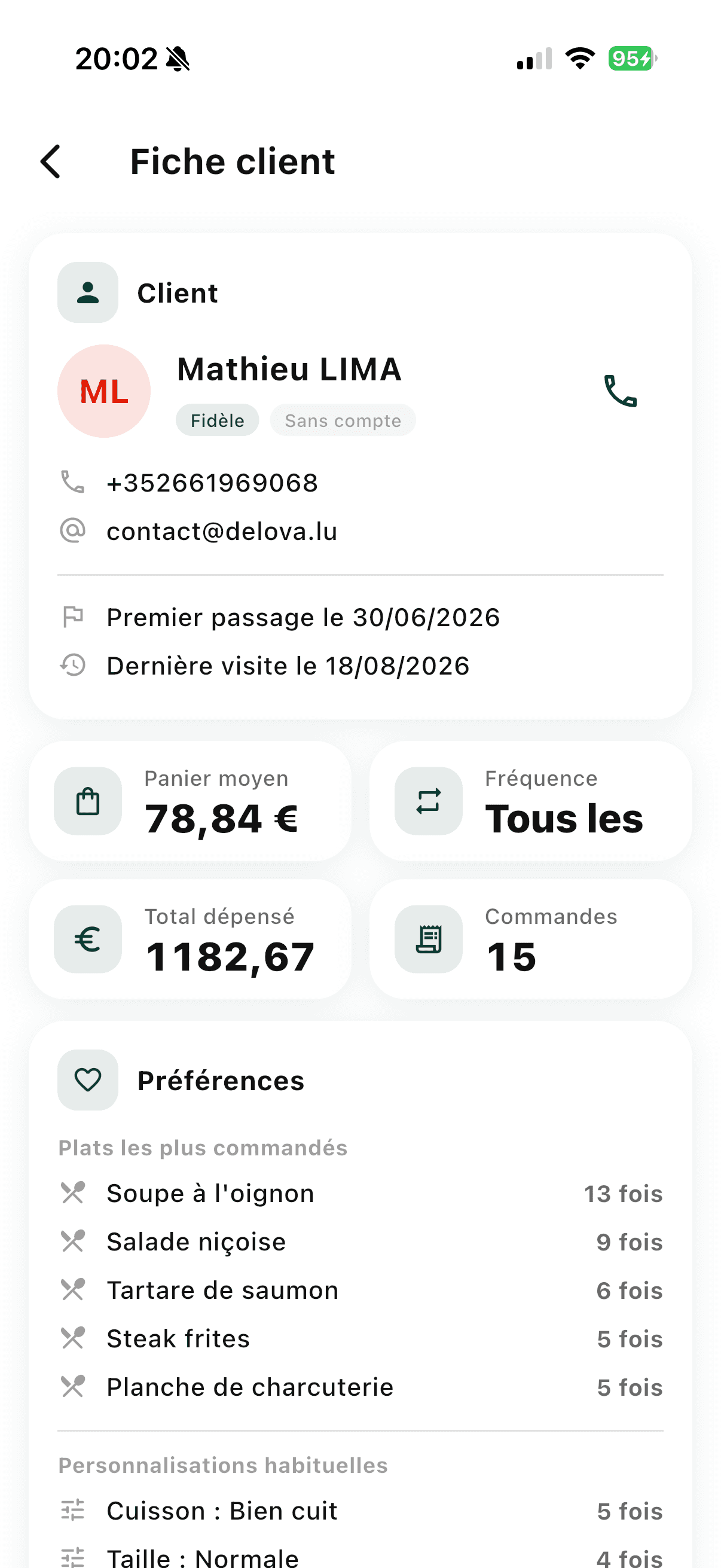 La fiche d'un client fidèle dans l'application Restaurant : panier moyen, nombre de commandes et plats préférés