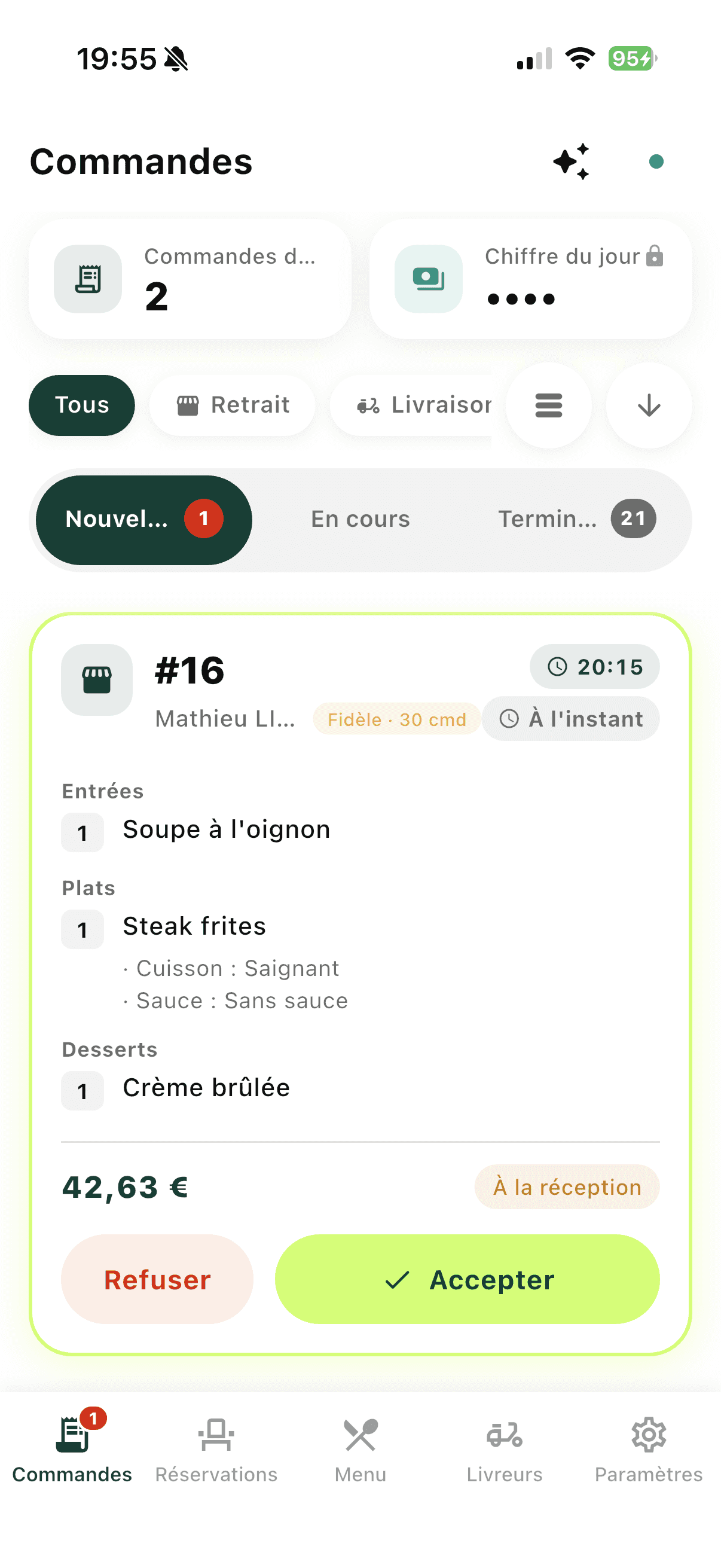 L'application Restaurant : une nouvelle commande à accepter ou refuser, avec son détail et son montant