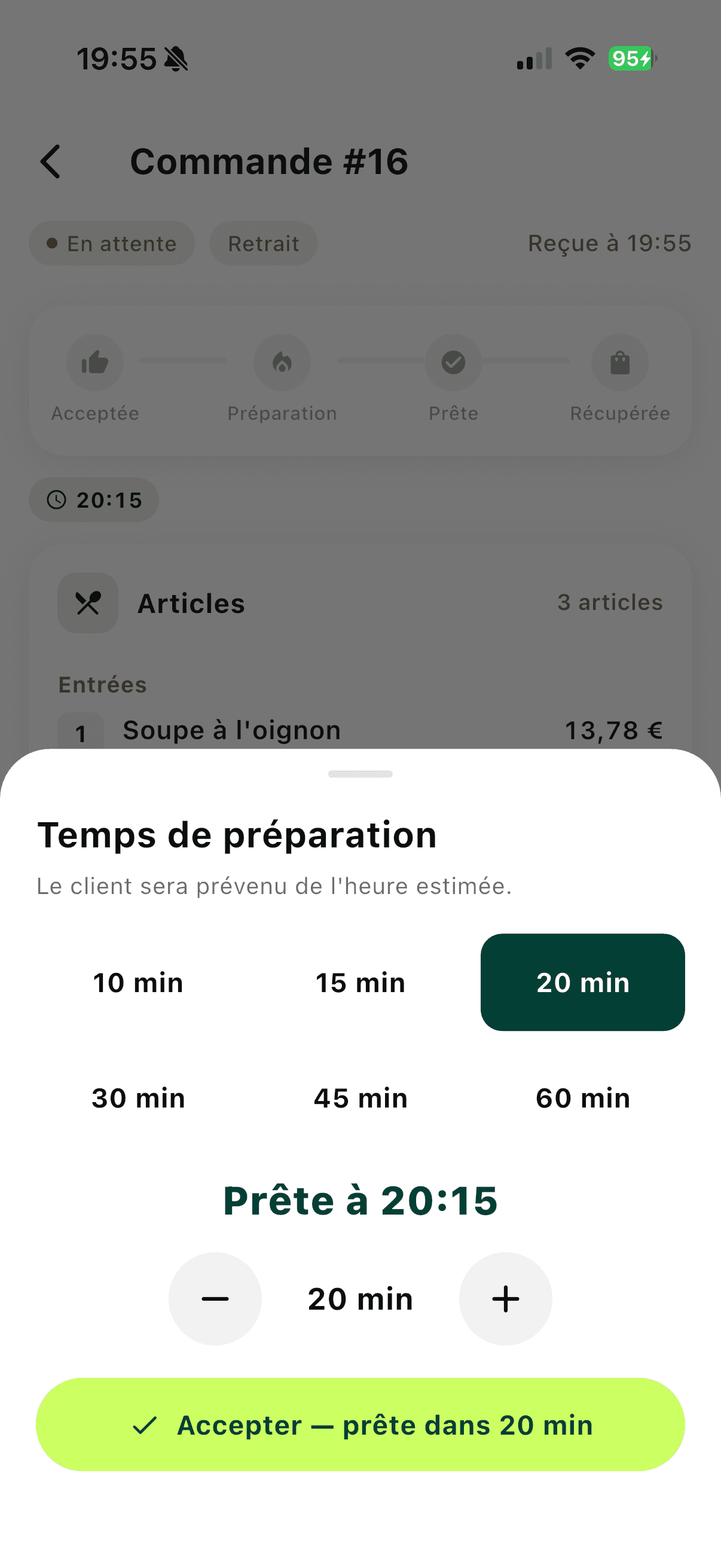 Une commande arrive — un geste pour l'accepter