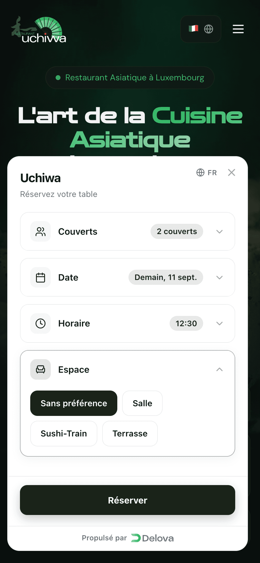 Le tunnel de réservation sur le site d'Uchiwa : deux couverts, demain à 12:30, choix entre la salle et la terrasse.